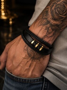 Black Leather Bracelet with Gold Accents